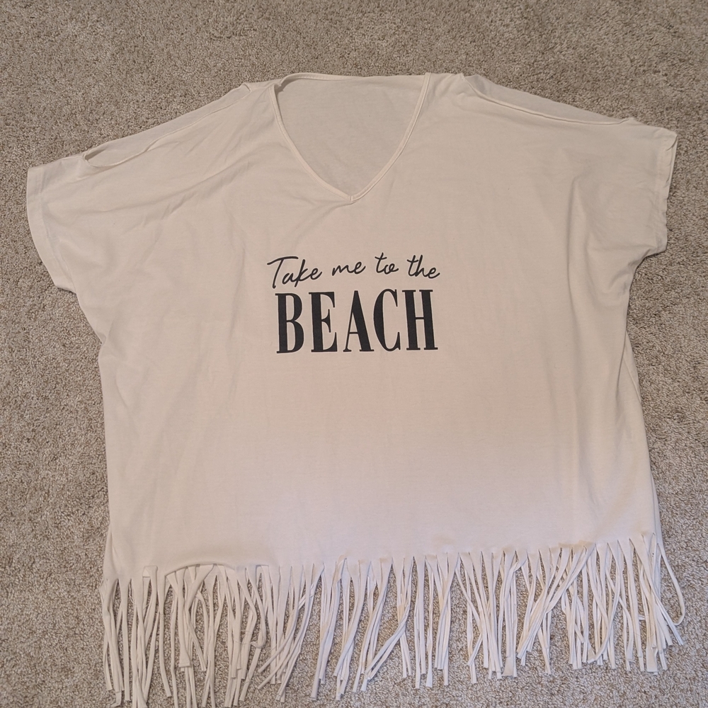 Fringe Hem Shoulder Cut Out Beach Top in White O/S